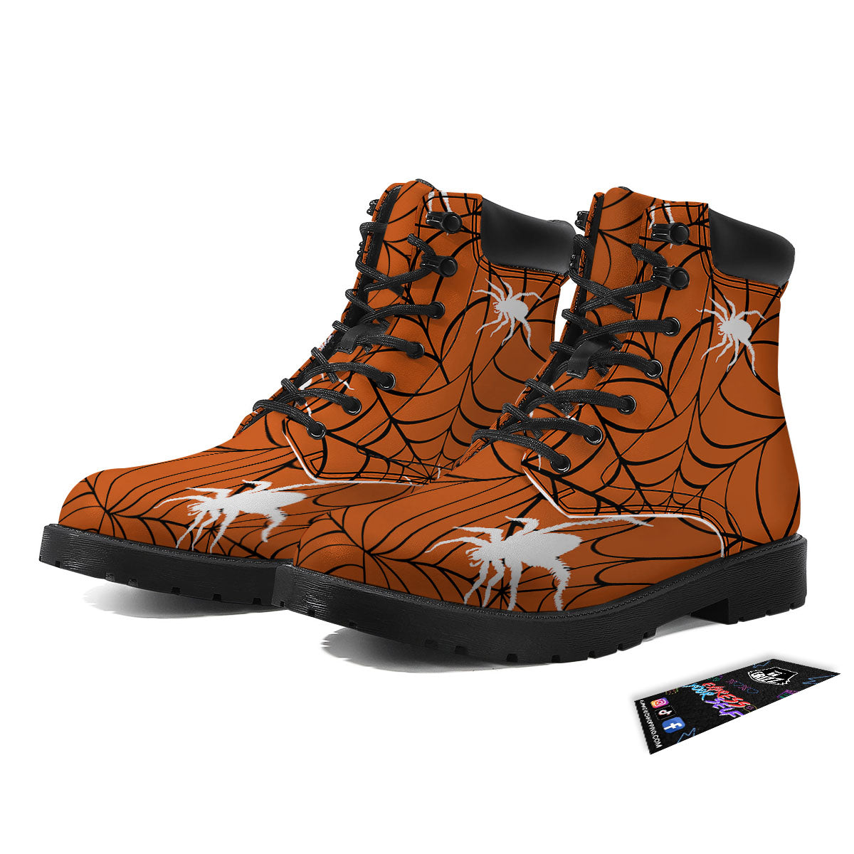 Spider Web Orange And Black Print Boots-grizzshop