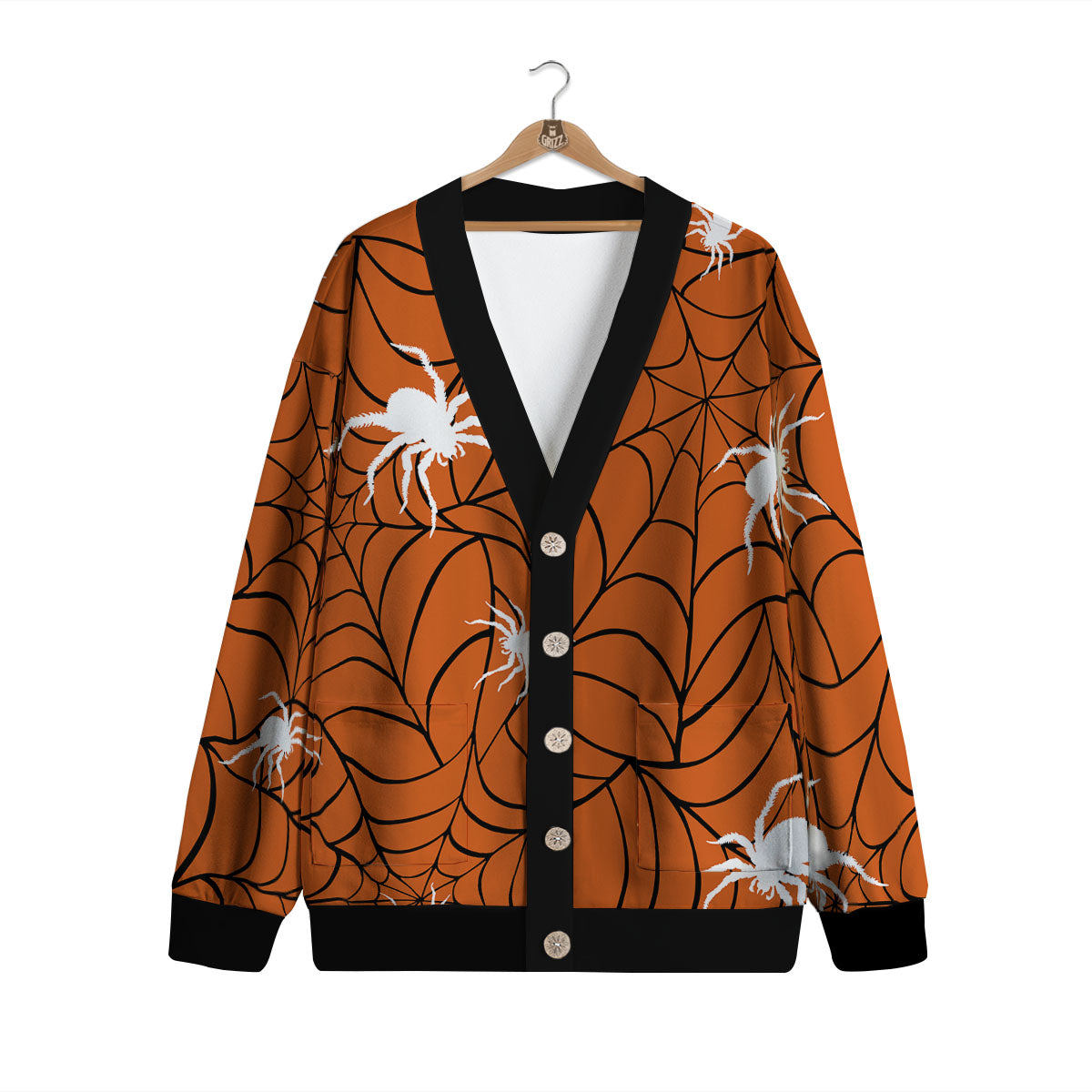 Spider Web Orange And Black Print Cardigan-grizzshop