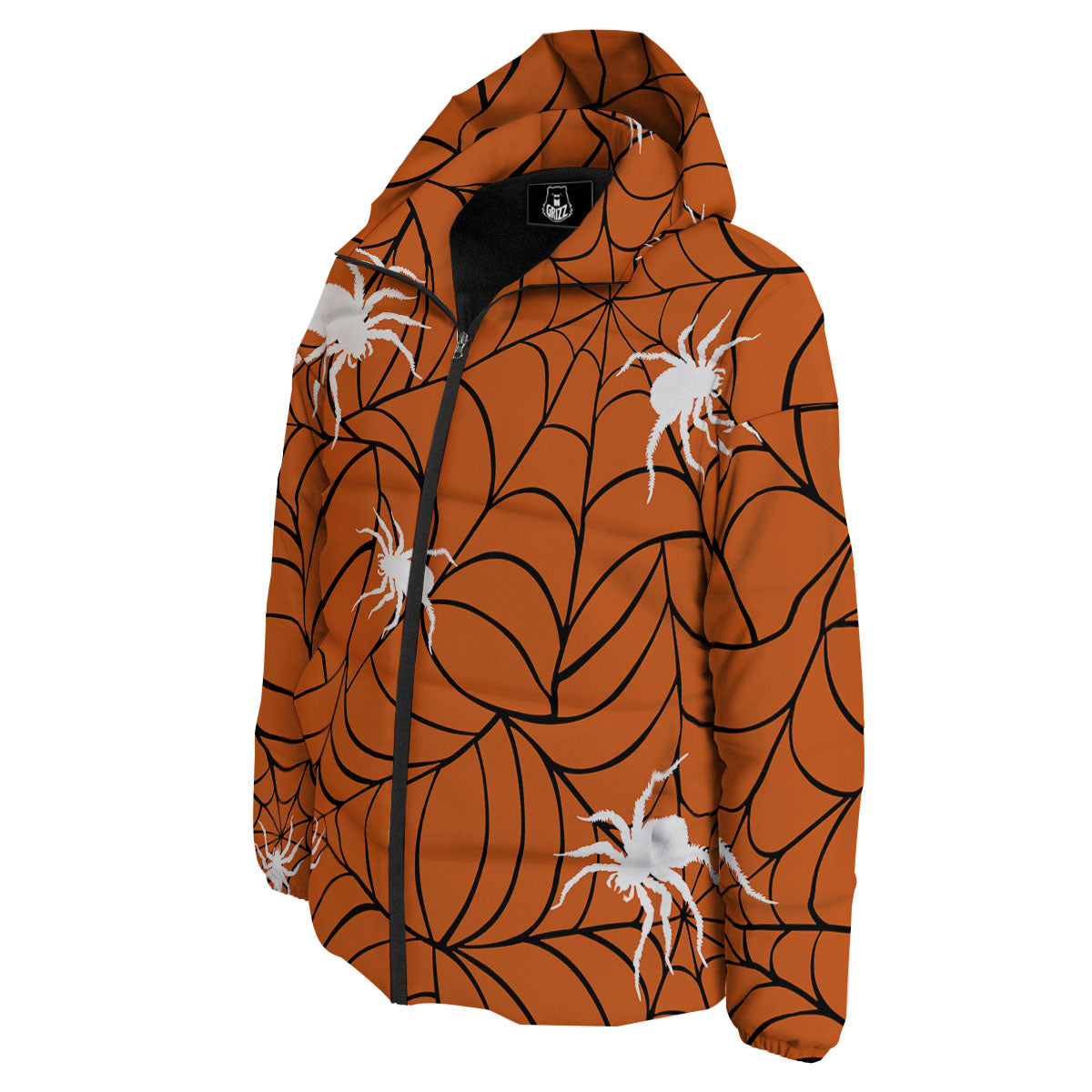 Spider Web Orange And Black Print Down Jacket-grizzshop