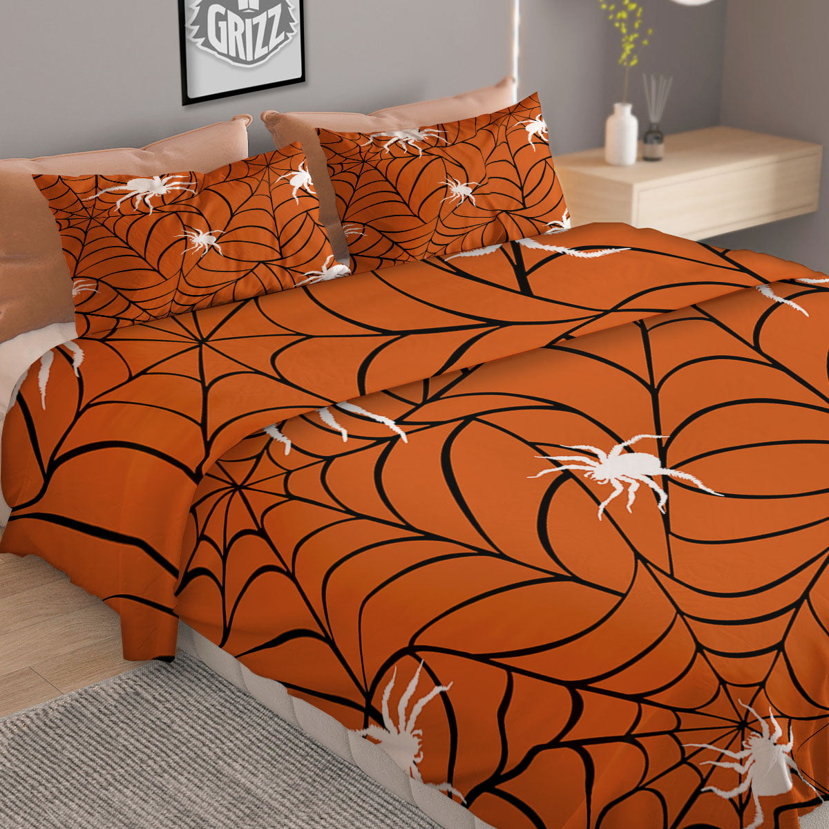 Spider Web Orange And Black Print Duvet Cover Bedding Set