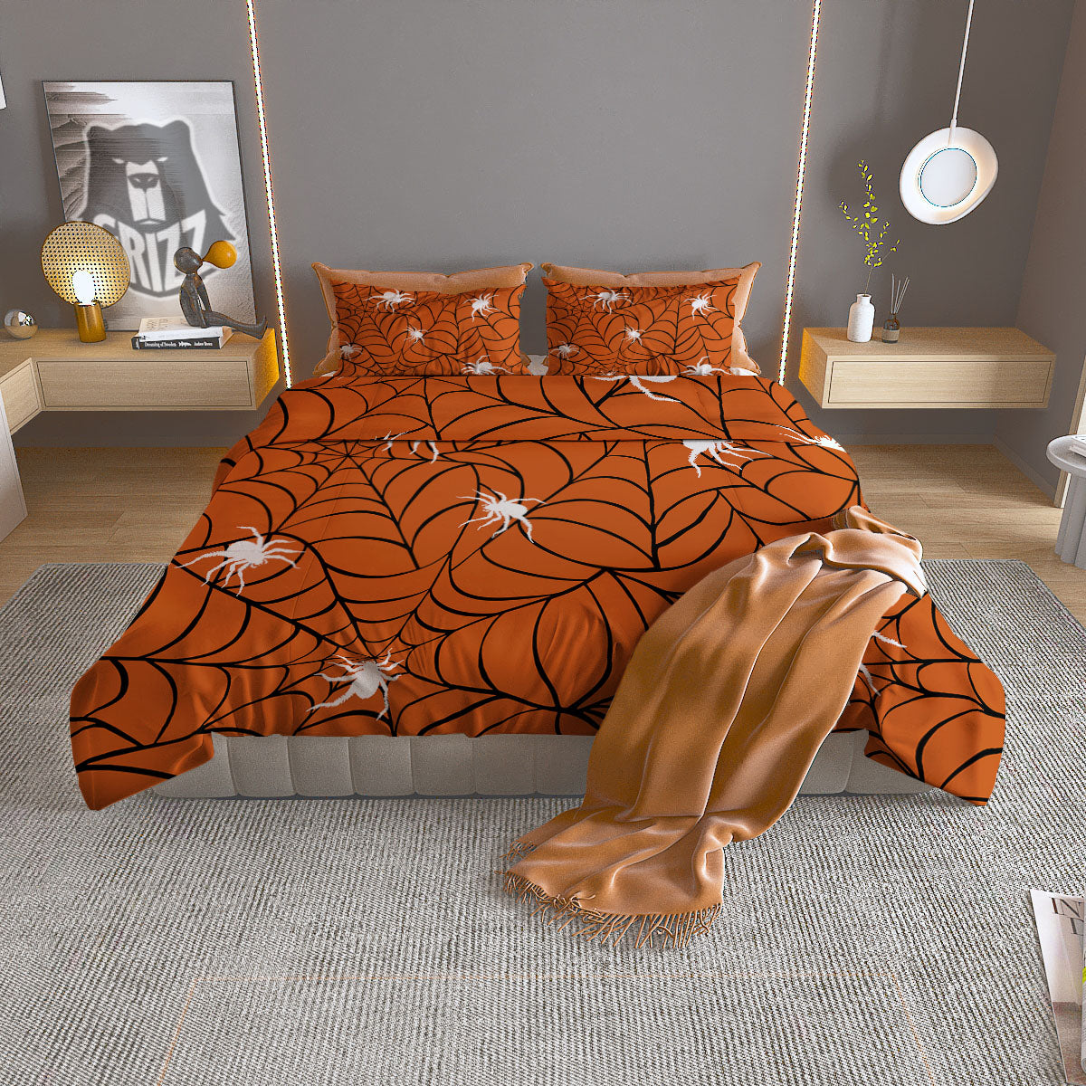 Spider Web Orange And Black Print Duvet Cover Bedding Set
