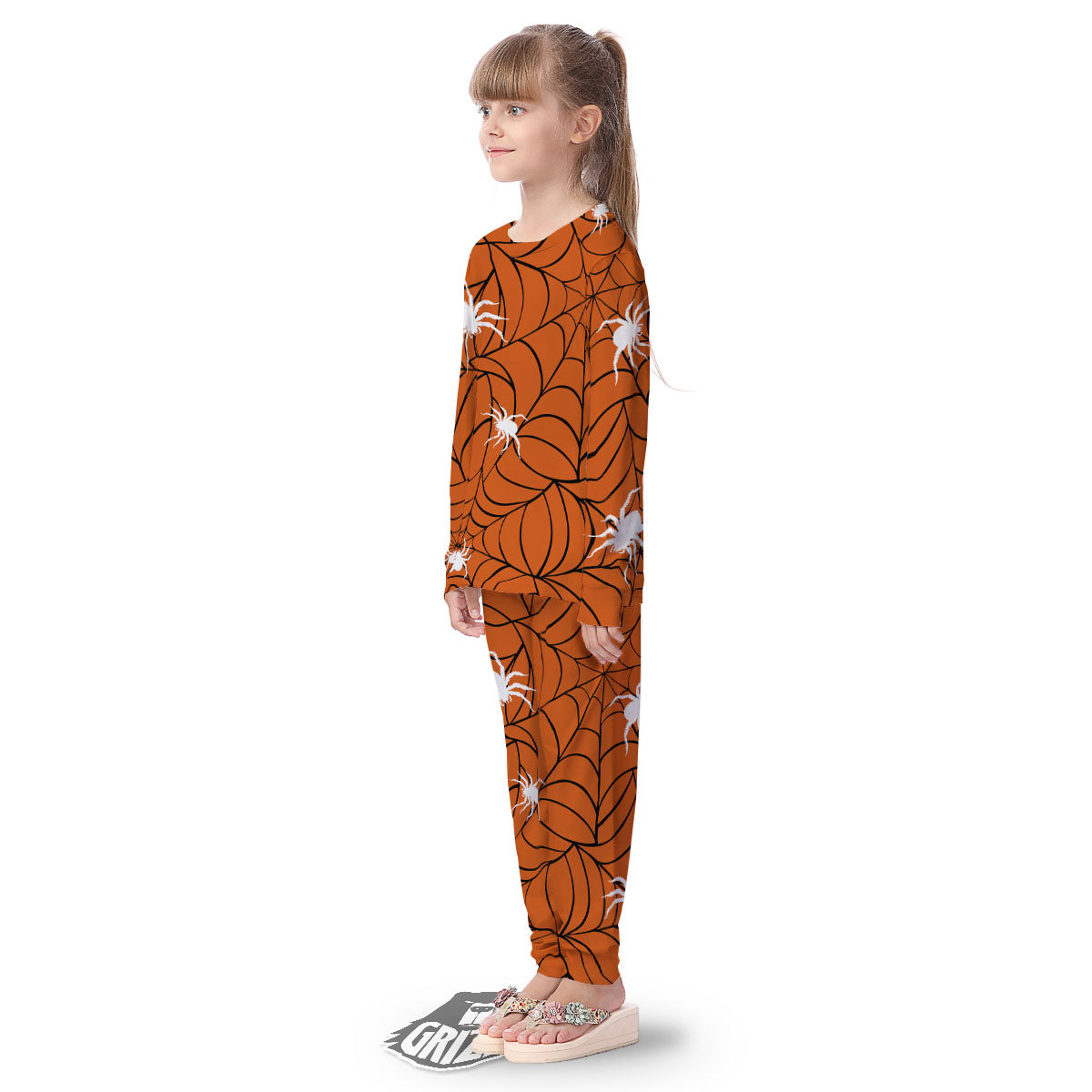 Spider Web Orange And Black Print Kid's Pajamas-grizzshop