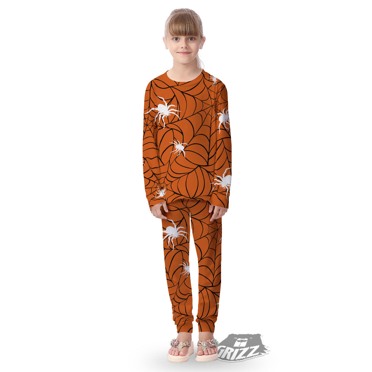 Spider Web Orange And Black Print Kid's Pajamas-grizzshop