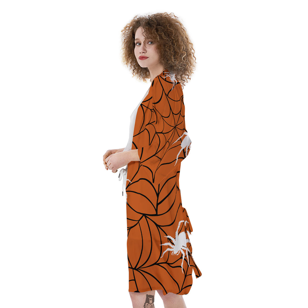 Spider Web Orange And Black Print Kimono-grizzshop