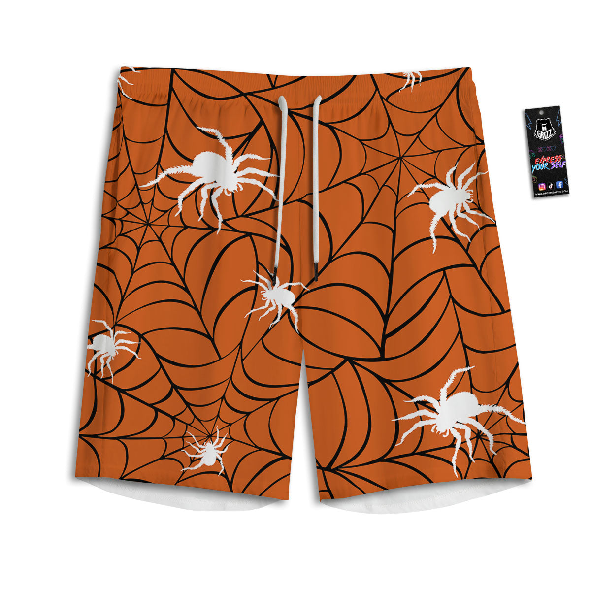 Spider Web Orange And Black Print Men's Athletic Shorts