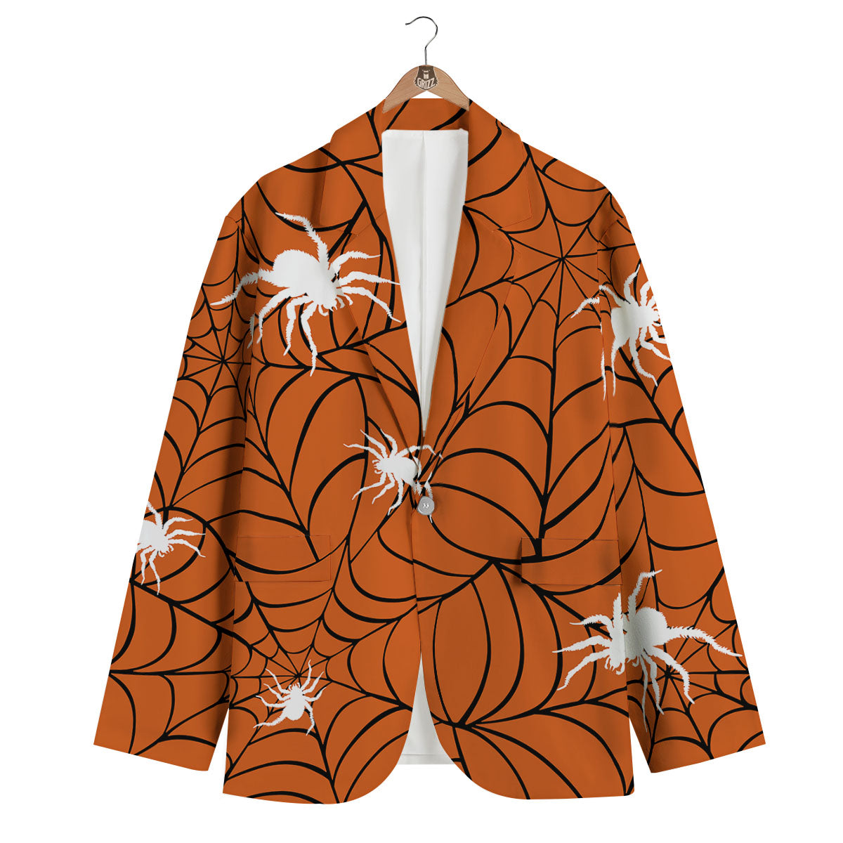 Spider Web Orange And Black Print Men's Blazer-grizzshop