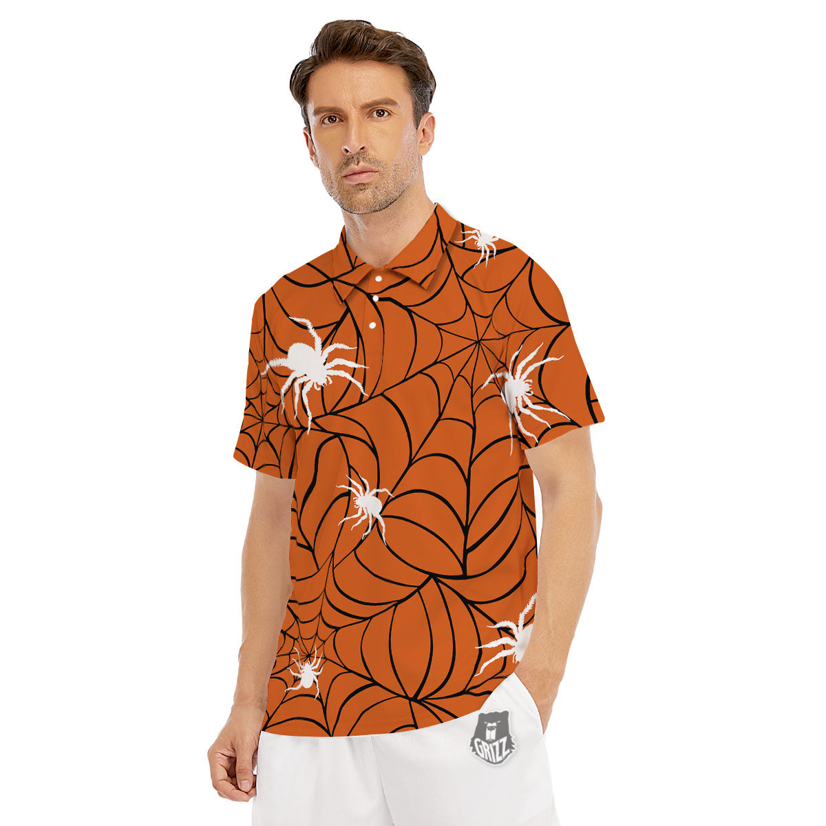 Spider Web Orange And Black Print Men's Golf Shirts-grizzshop
