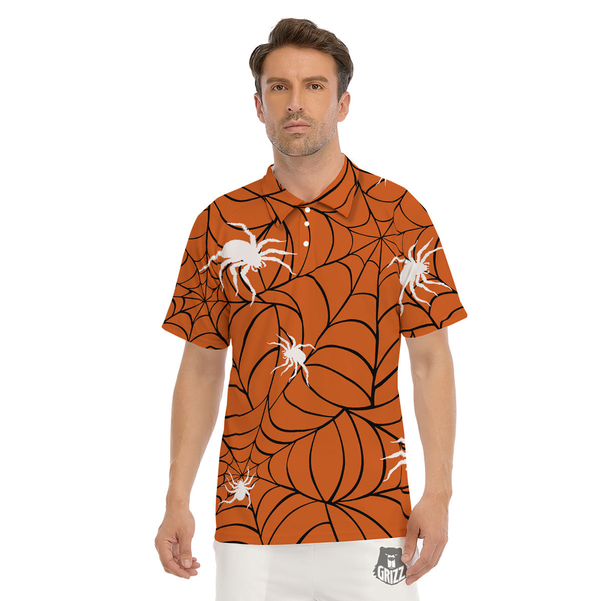 Spider Web Orange And Black Print Men's Golf Shirts-grizzshop
