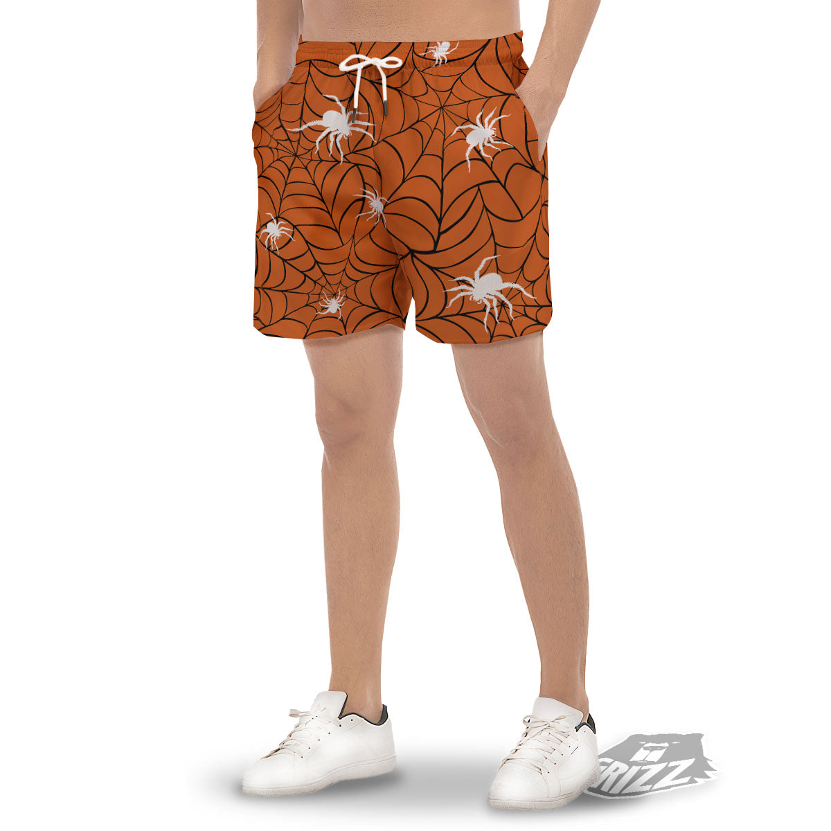 Spider Web Orange And Black Print Men's Gym Shorts-grizzshop