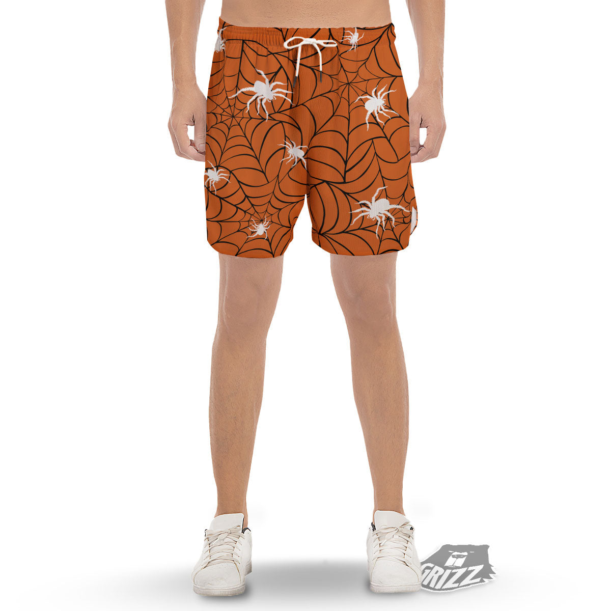 Spider Web Orange And Black Print Men's Gym Shorts-grizzshop