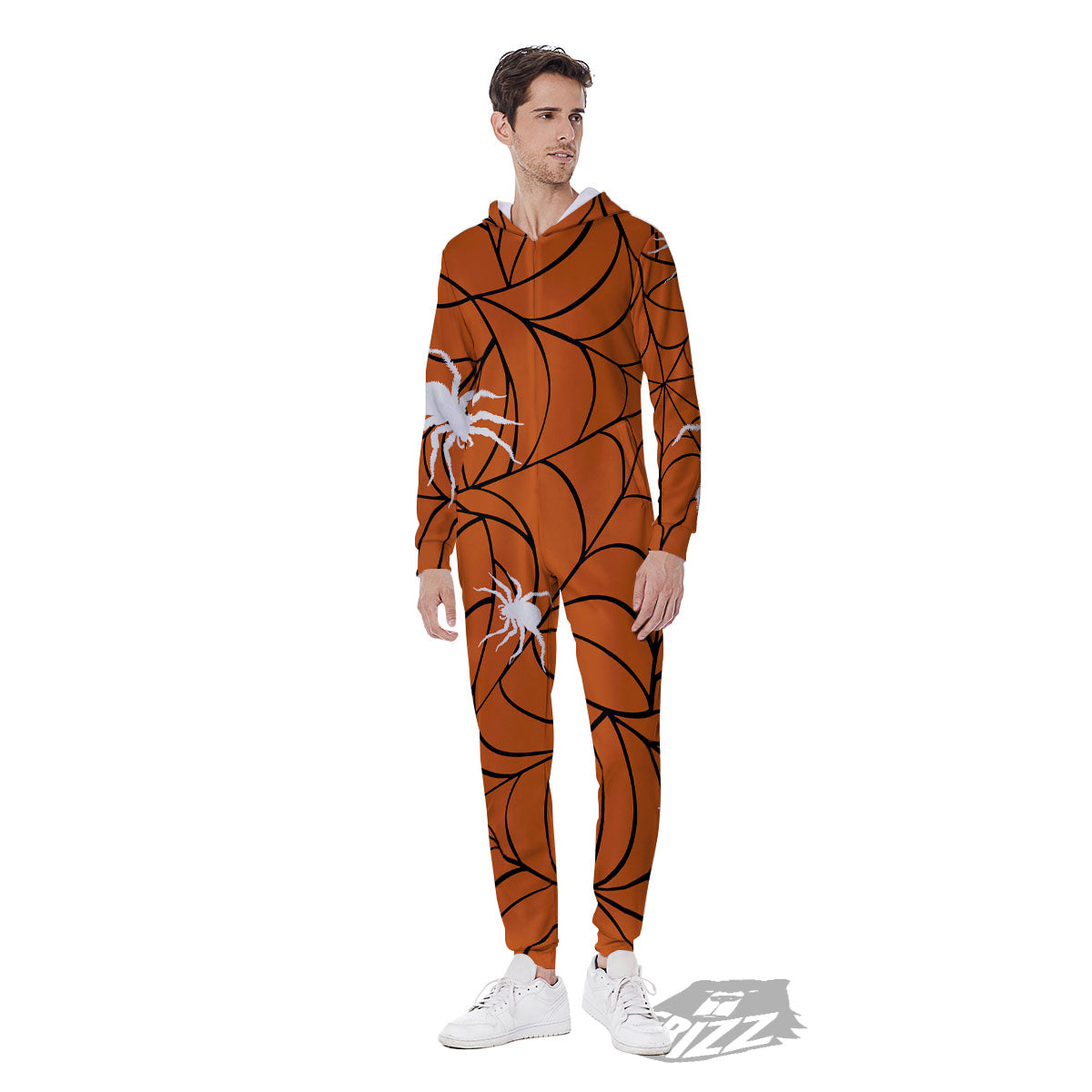 Spider Web Orange And Black Print Men's Jumpsuit-grizzshop