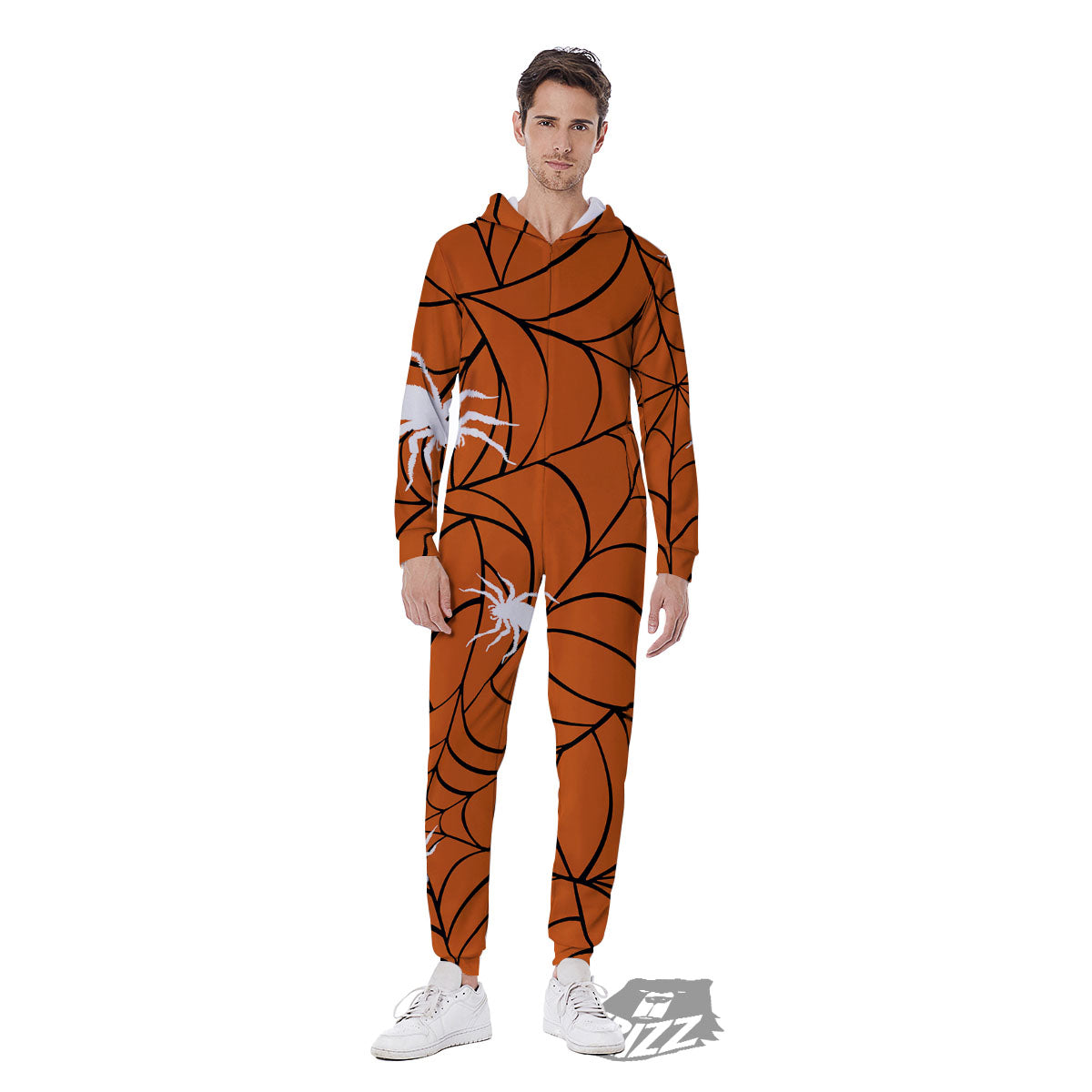 Spider Web Orange And Black Print Men's Jumpsuit-grizzshop
