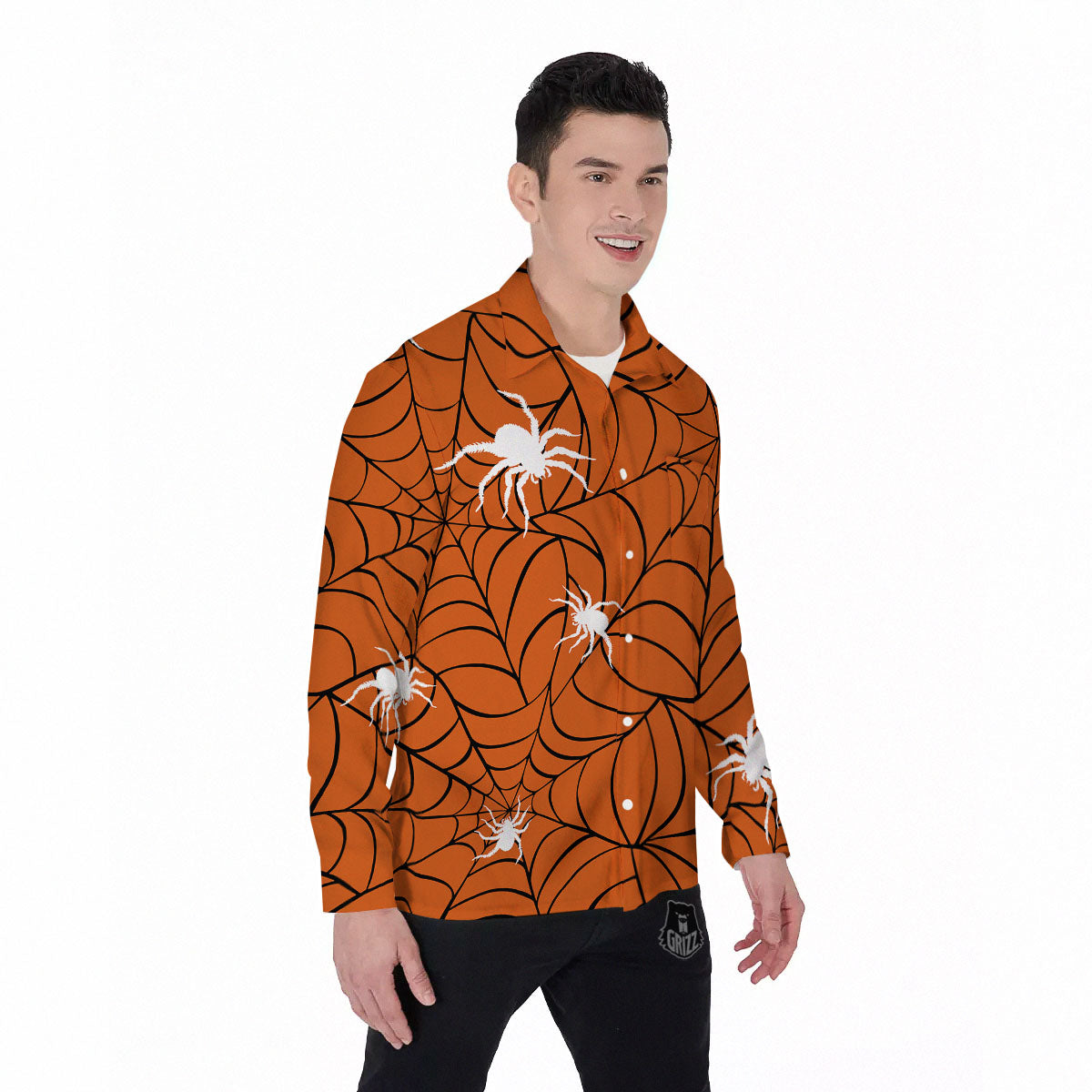 Spider Web Orange And Black Print Men's Long Sleeve Shirts-grizzshop