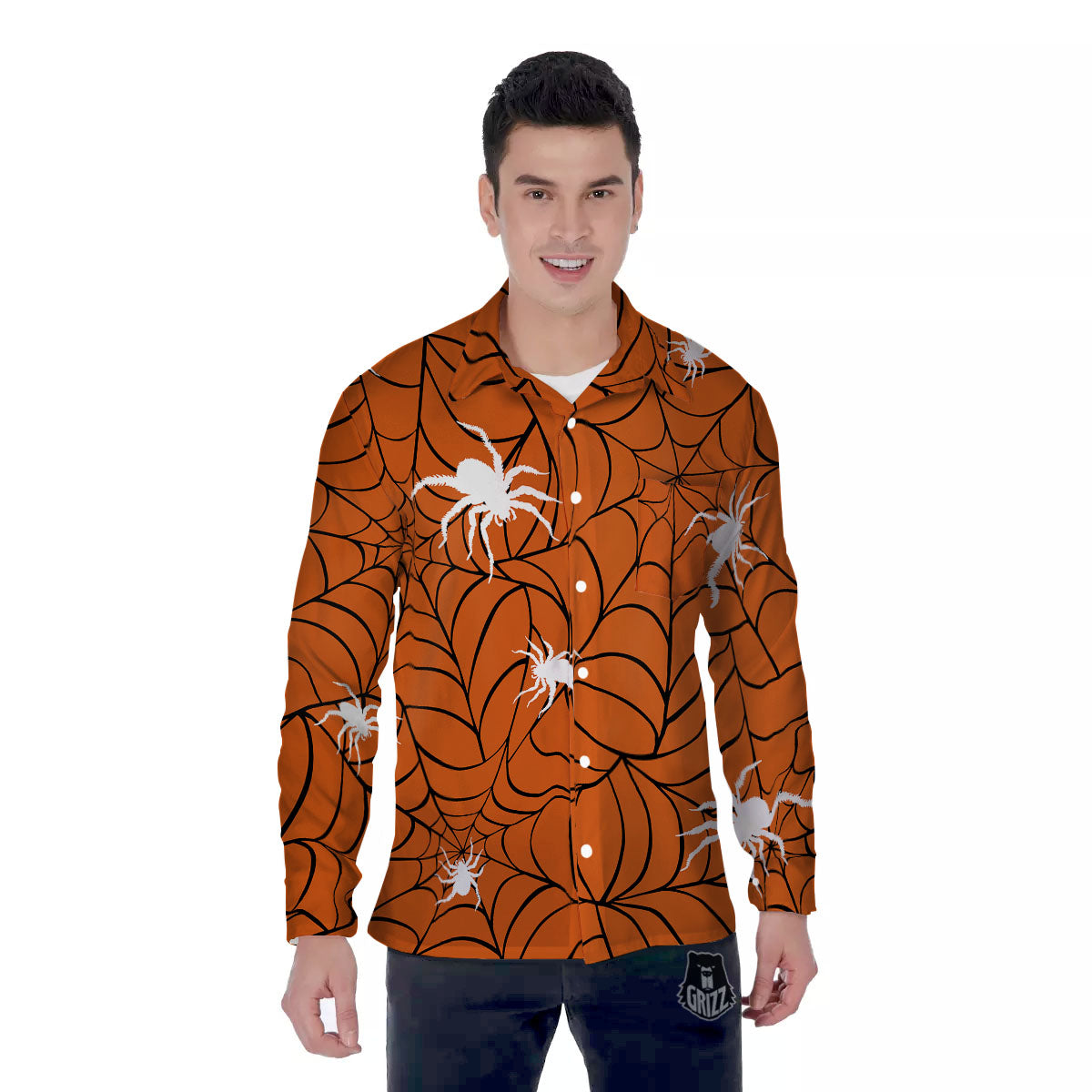 Spider Web Orange And Black Print Men's Long Sleeve Shirts-grizzshop