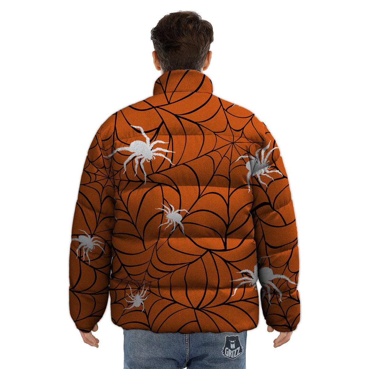 Spider Web Orange And Black Print Puffer Jacket-grizzshop