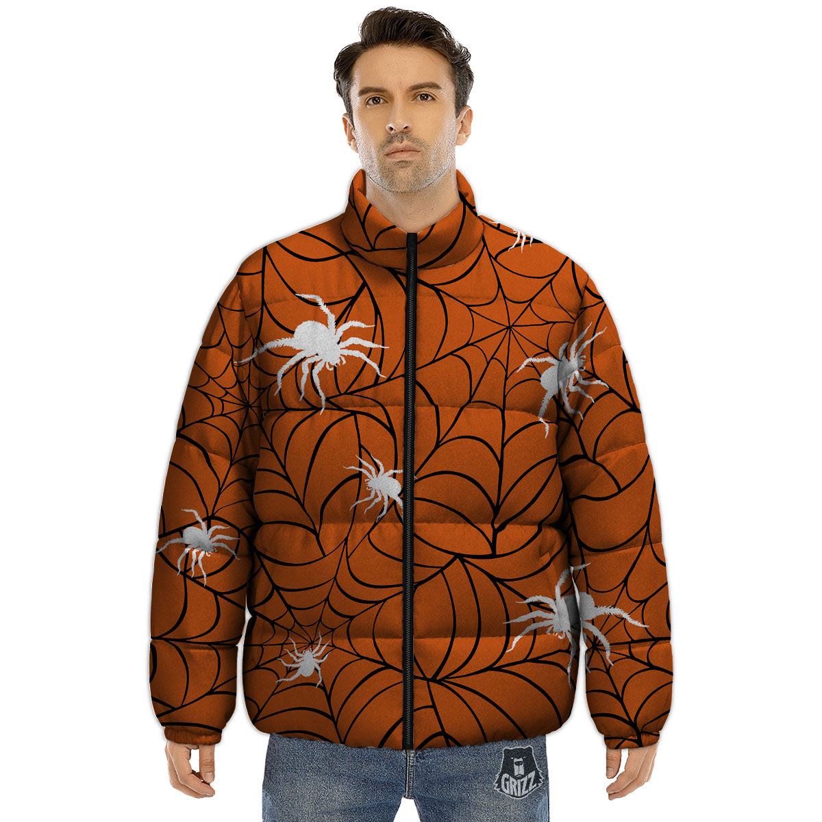Spider Web Orange And Black Print Puffer Jacket-grizzshop