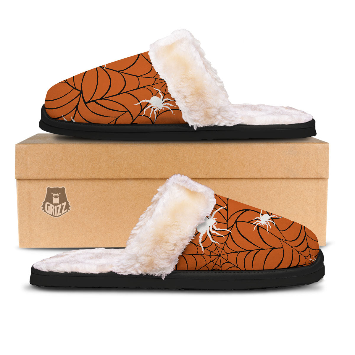 Spider Web Orange And Black Print Slippers-grizzshop