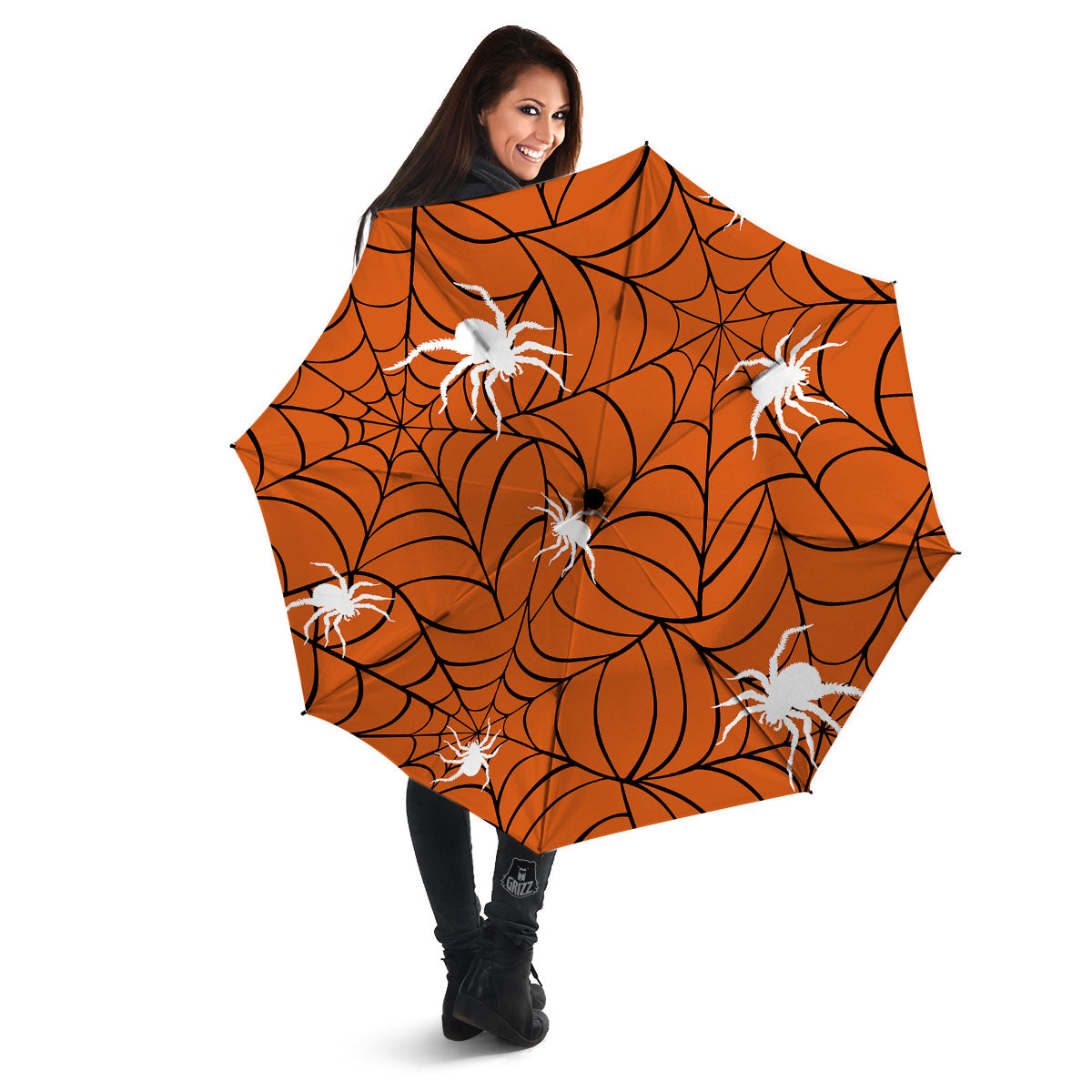 Spider Web Orange And Black Print Umbrella-grizzshop