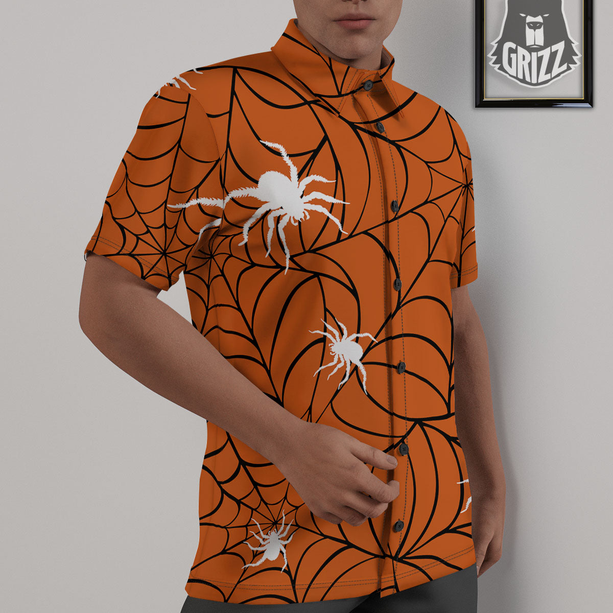 Spider Web Orange And Black Print Untucked Shirts-grizzshop