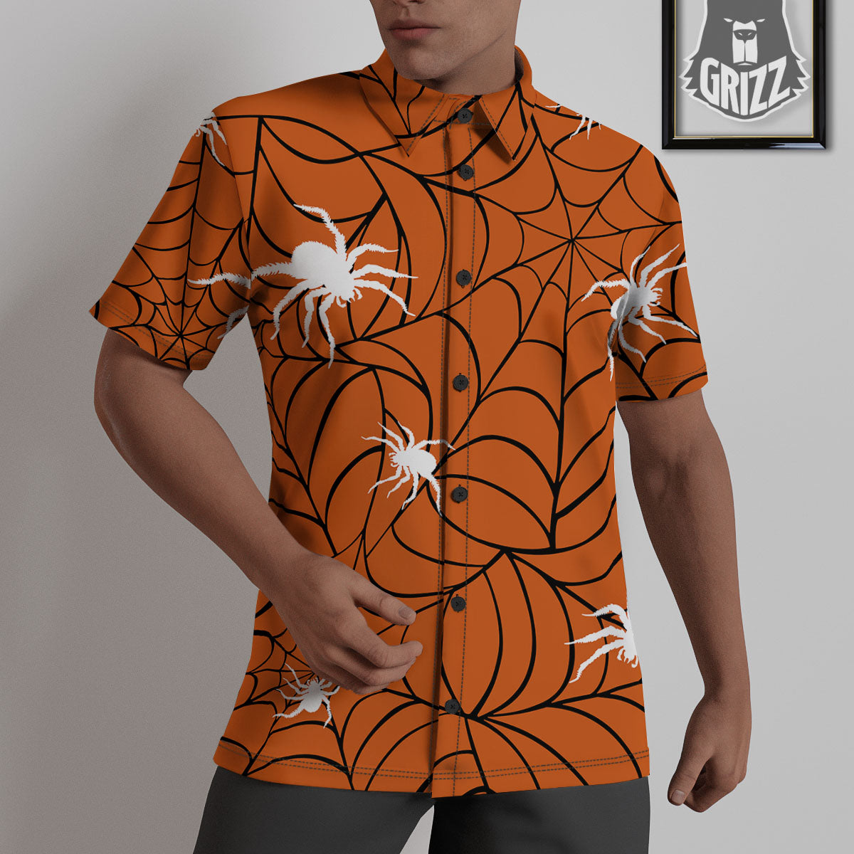 Spider Web Orange And Black Print Untucked Shirts-grizzshop