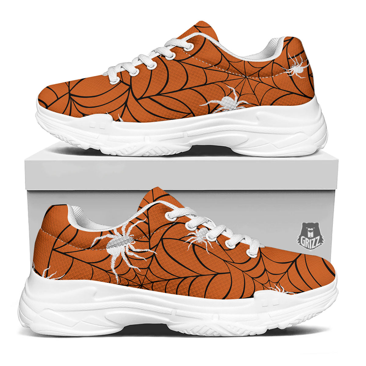 Spider Web Orange And Black Print White Chunky Shoes-grizzshop