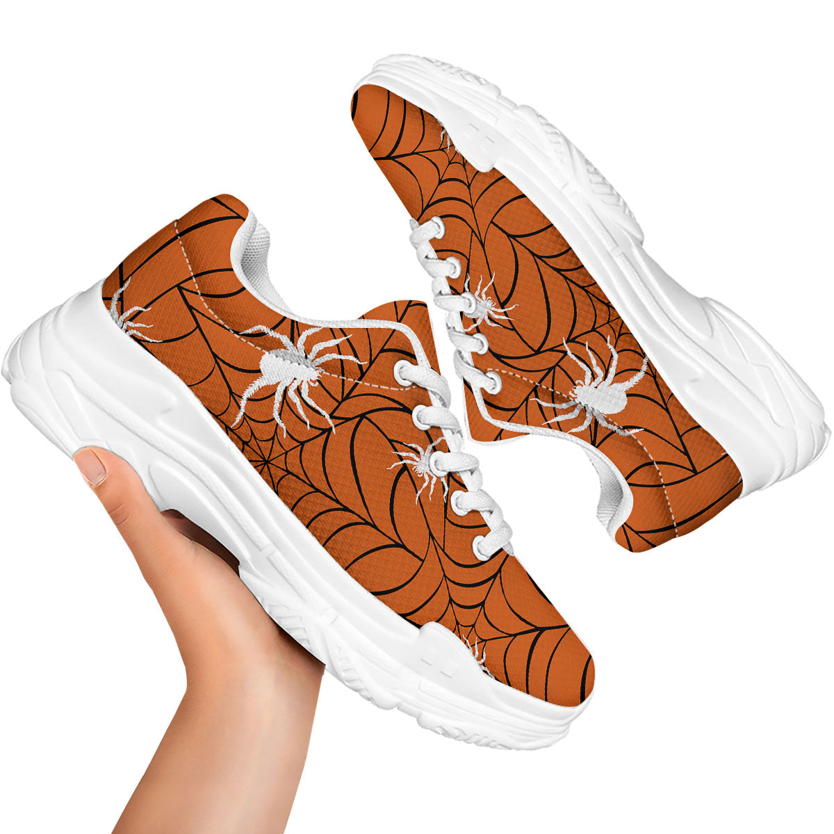 Spider Web Orange And Black Print White Chunky Shoes-grizzshop