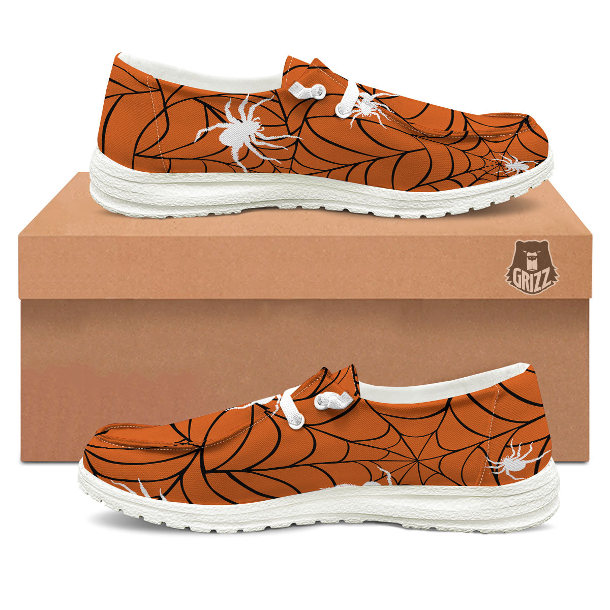 Spider Web Orange And Black Print White Loafers-grizzshop