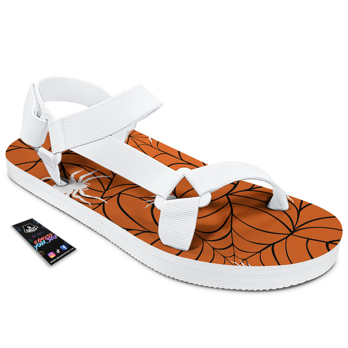 Spider Web Orange And Black Print White Open Toe Sandals-grizzshop