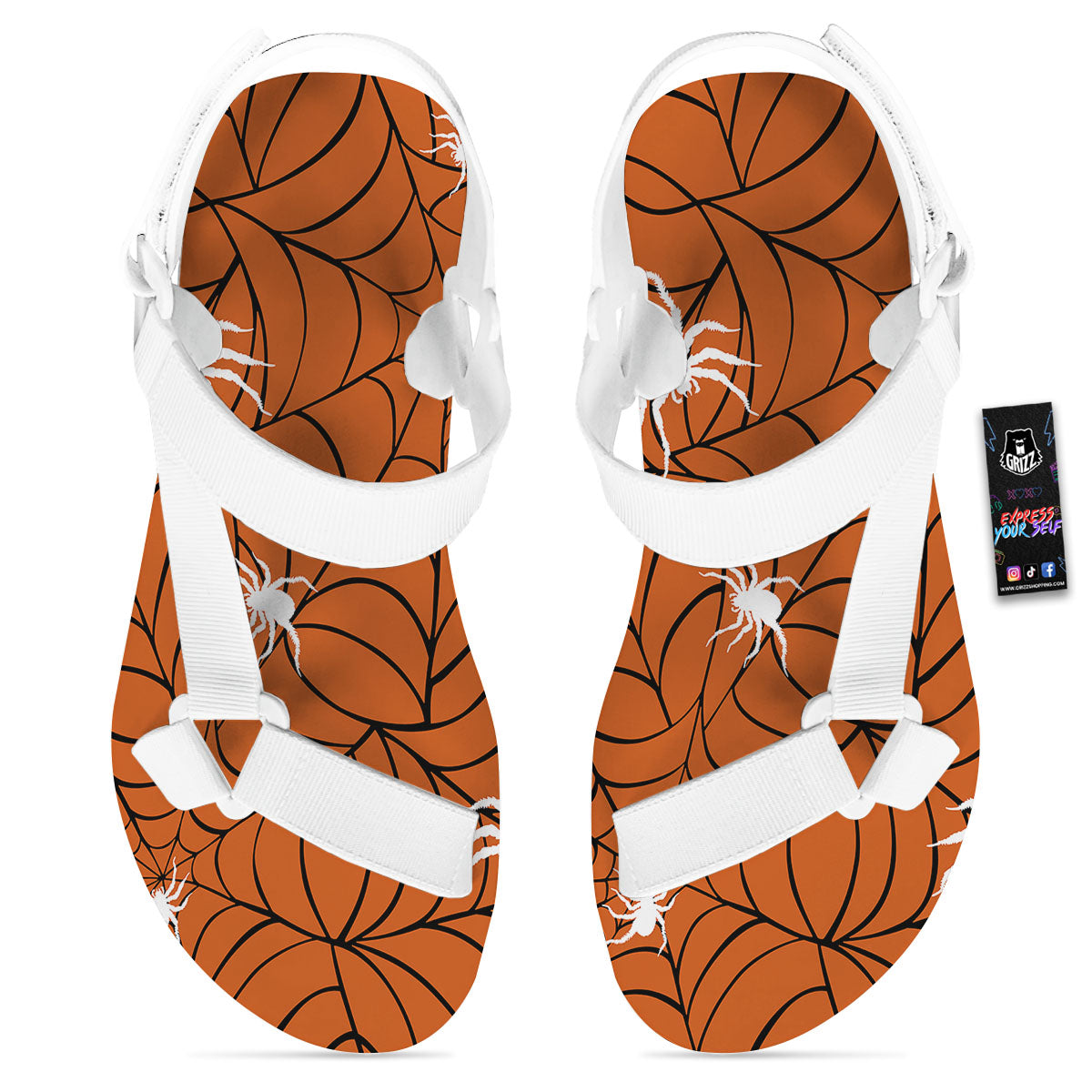 Spider Web Orange And Black Print White Open Toe Sandals-grizzshop
