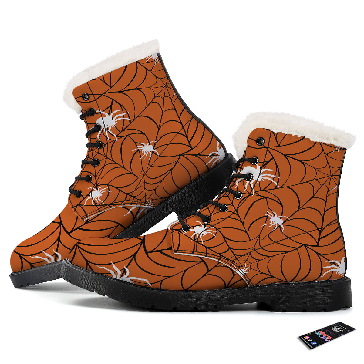 Spider Web Orange And Black Print Winter Boots-grizzshop