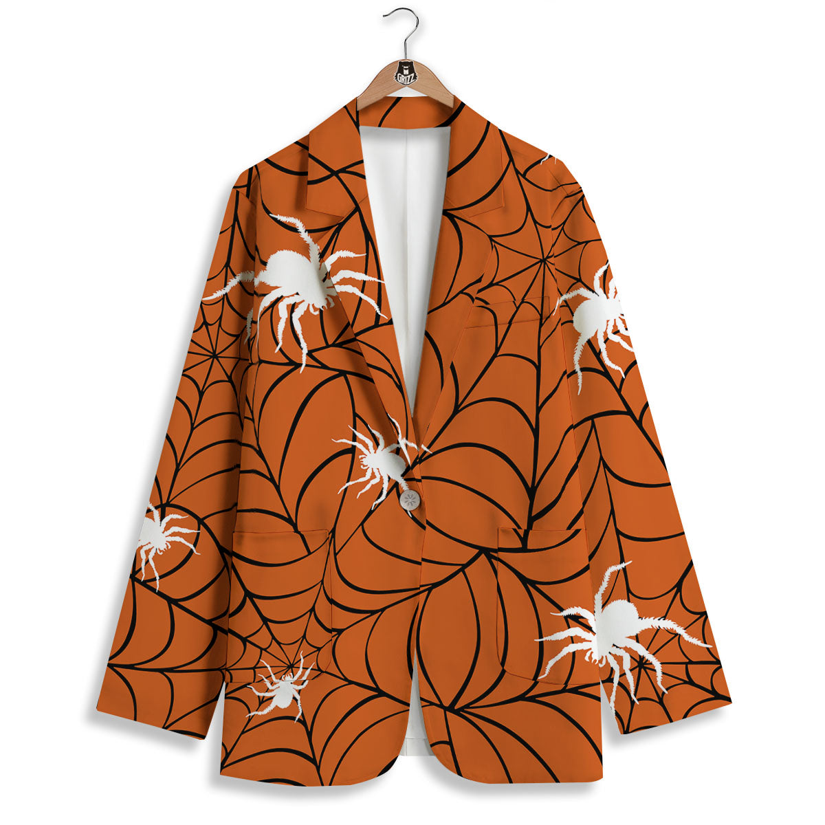 Spider Web Orange And Black Print Women's Blazer-grizzshop