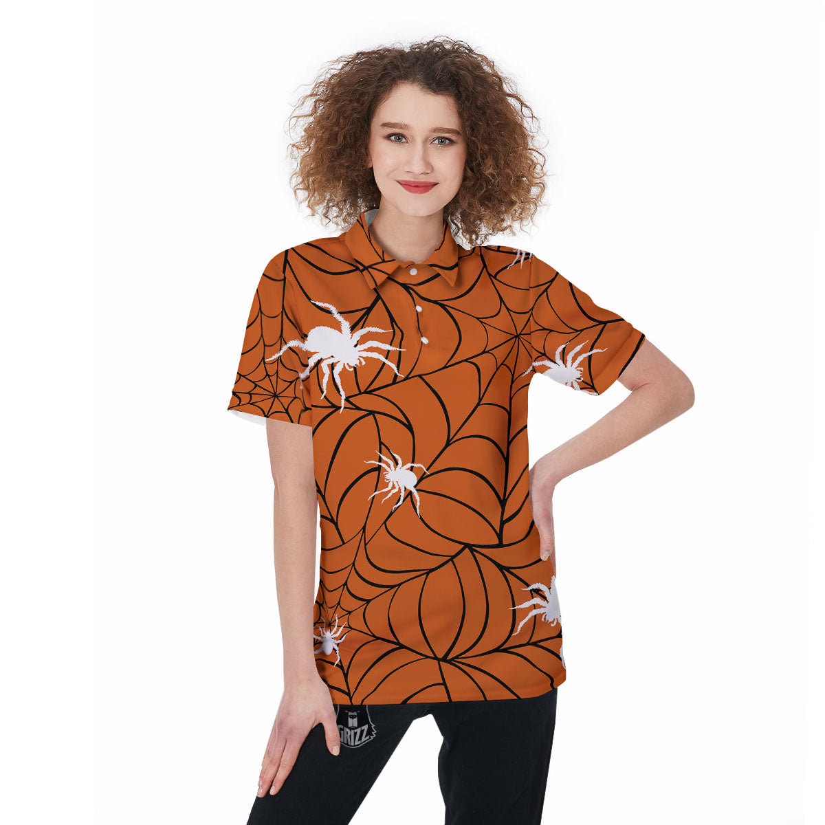 Spider Web Orange And Black Print Women's Golf Shirts-grizzshop