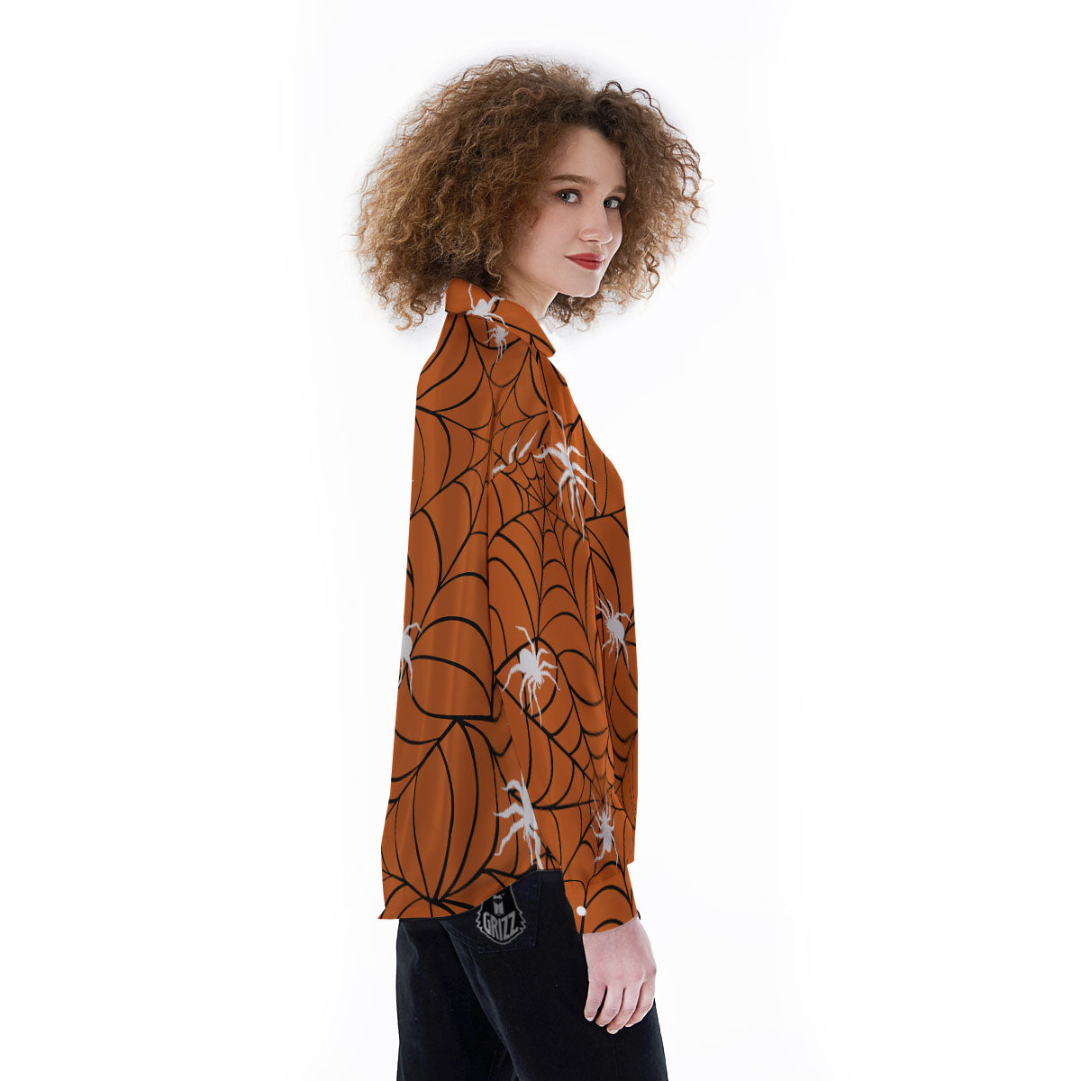Spider Web Orange And Black Print Women's Long Sleeve Shirts-grizzshop