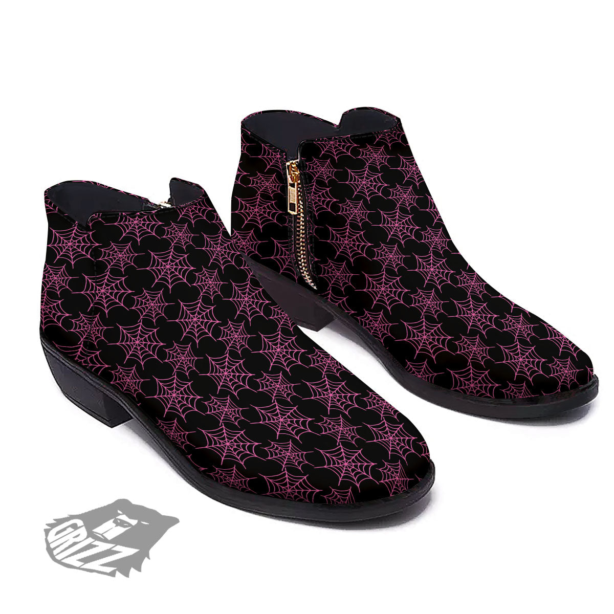 Spider Web Pink And Black Print Pattern Ankle Boots-grizzshop