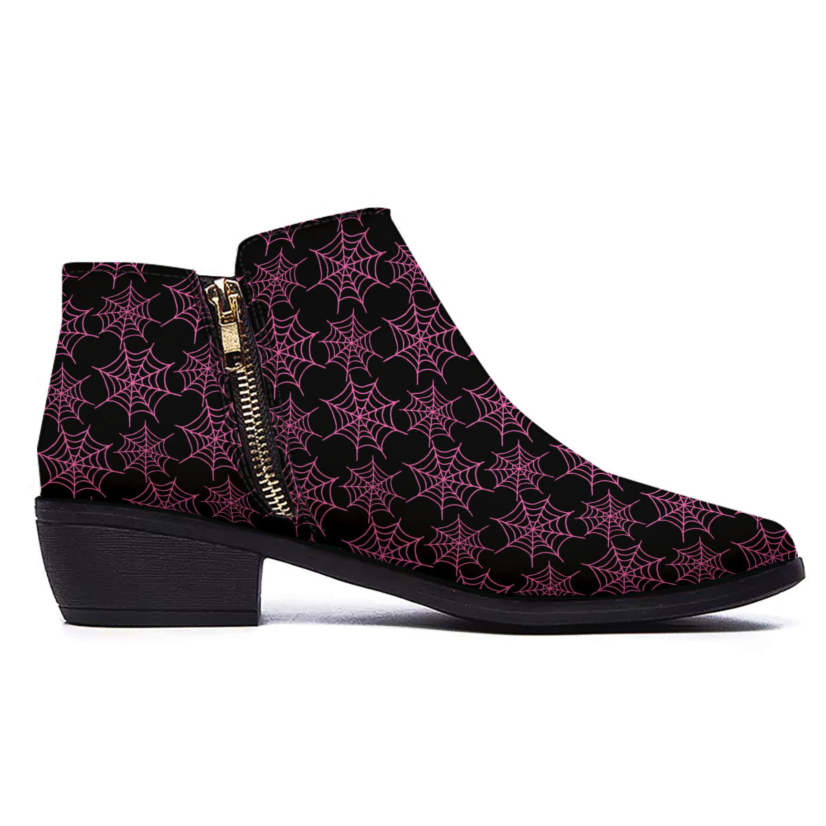 Spider Web Pink And Black Print Pattern Ankle Boots-grizzshop