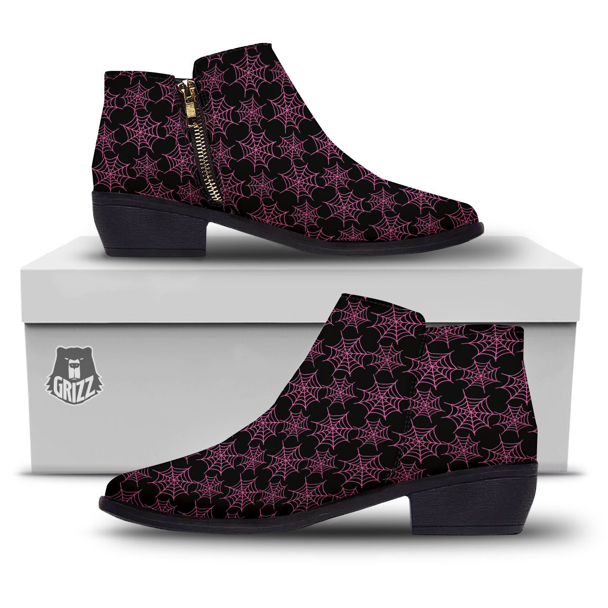 Spider Web Pink And Black Print Pattern Ankle Boots-grizzshop