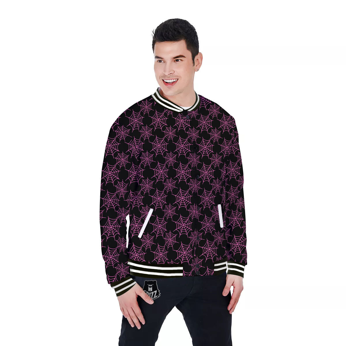 Spider Web Pink And Black Print Pattern Baseball Jacket-grizzshop
