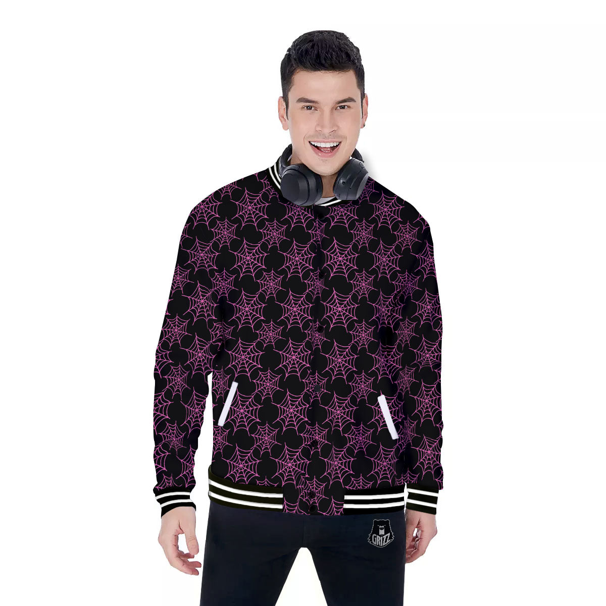 Spider Web Pink And Black Print Pattern Baseball Jacket-grizzshop