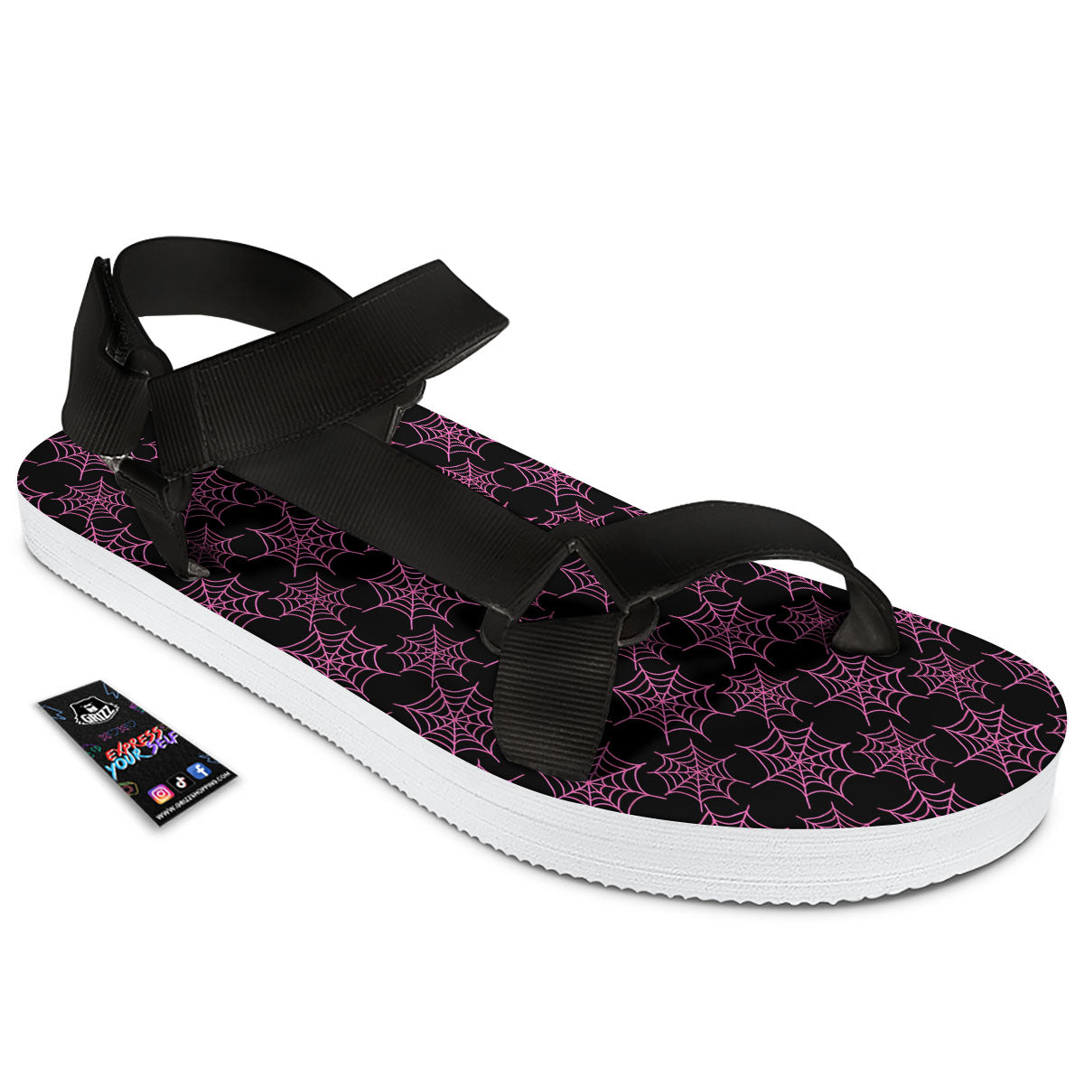 Spider Web Pink And Black Print Pattern Black Open Toe Sandals-grizzshop