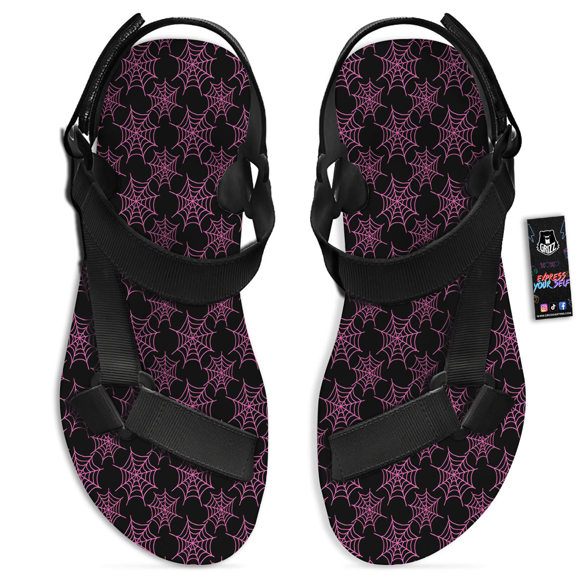 Spider Web Pink And Black Print Pattern Black Open Toe Sandals-grizzshop