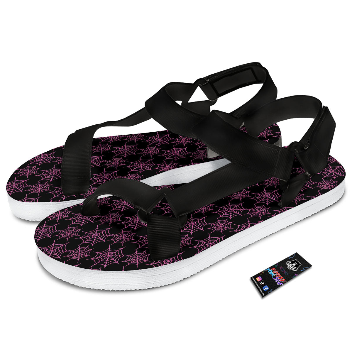 Spider Web Pink And Black Print Pattern Black Open Toe Sandals-grizzshop