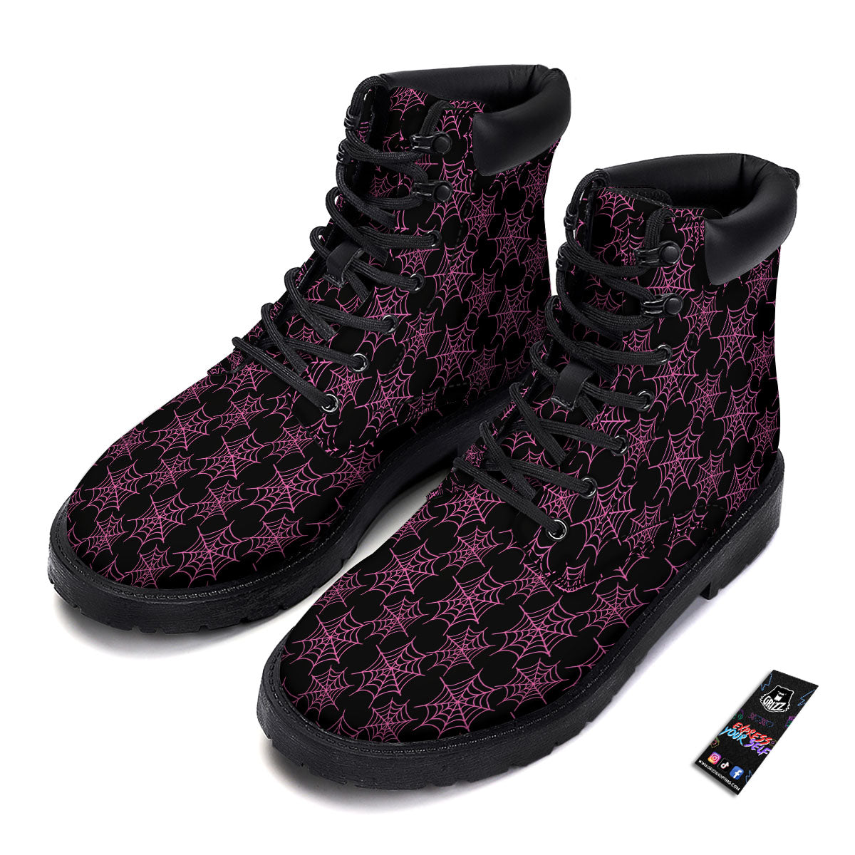 Spider Web Pink And Black Print Pattern Boots-grizzshop