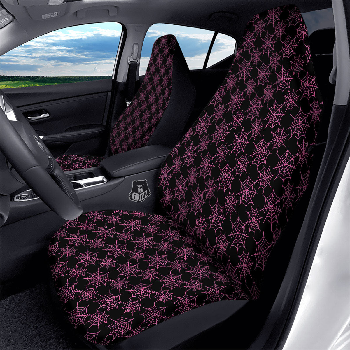 Spider Web Pink And Black Print Pattern Car Seat Covers-grizzshop