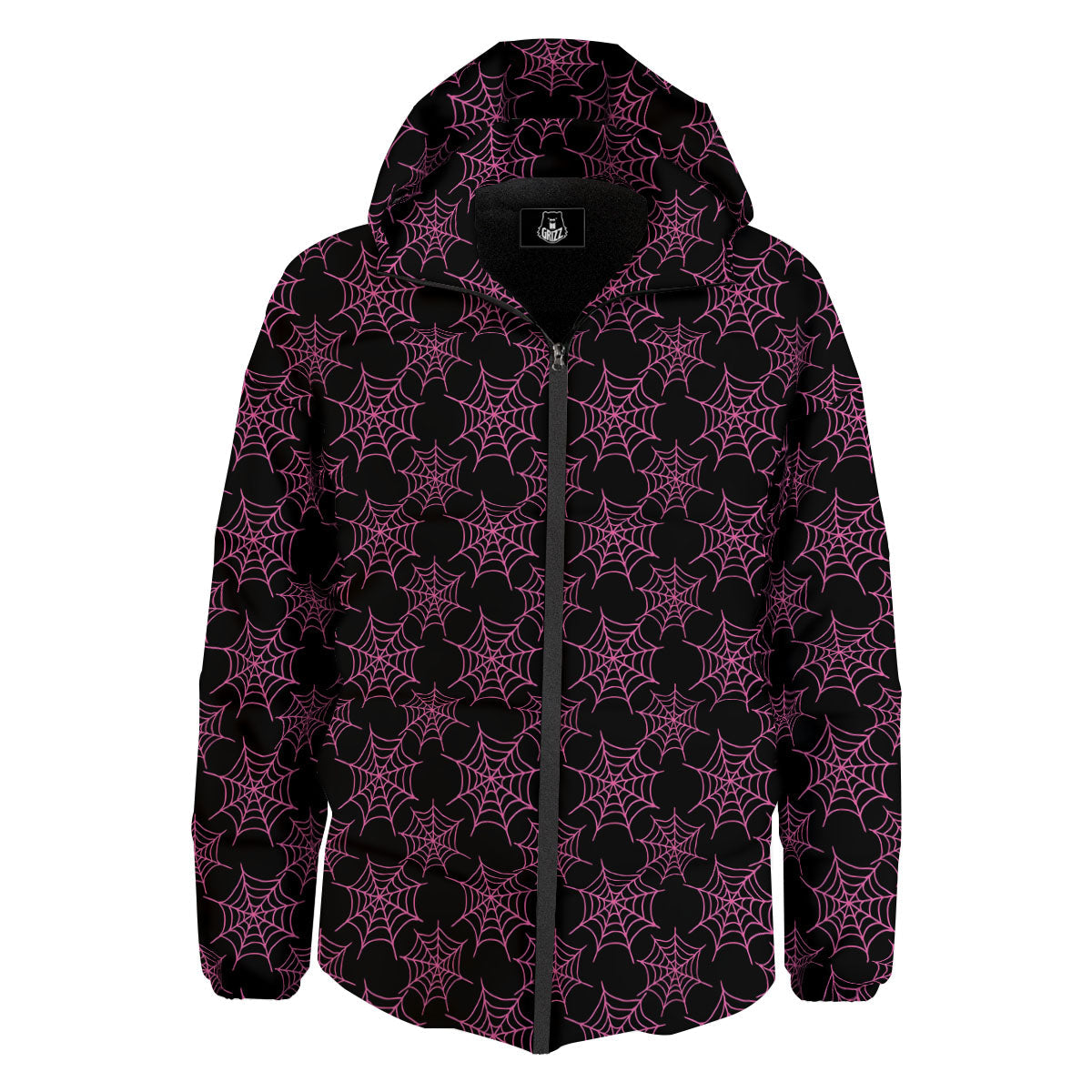 Spider Web Pink And Black Print Pattern Down Jacket-grizzshop