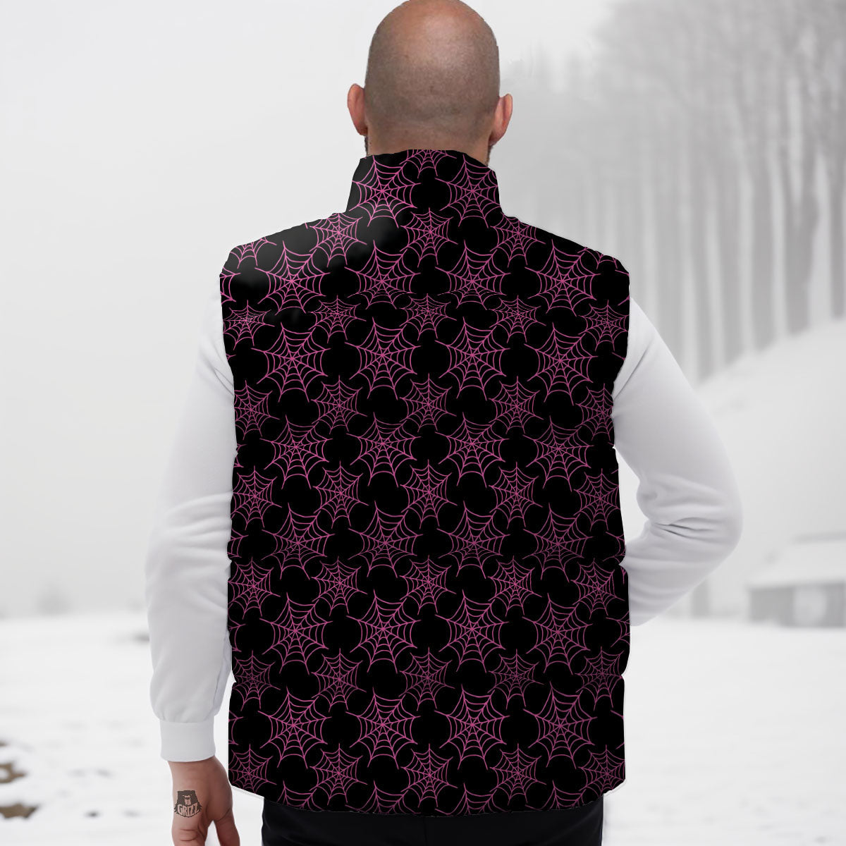 Spider Web Pink And Black Print Pattern Down Vest