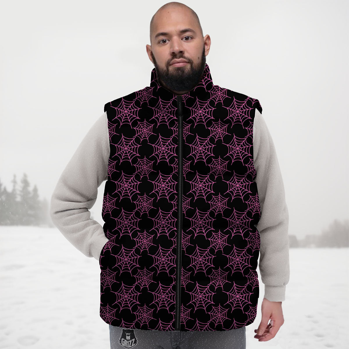 Spider Web Pink And Black Print Pattern Down Vest