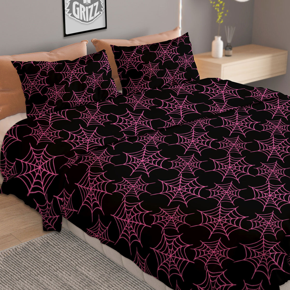 Spider Web Pink And Black Print Pattern Duvet Cover Bedding Set