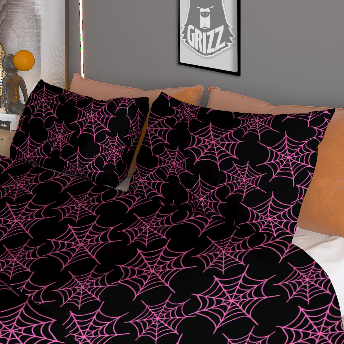 Spider Web Pink And Black Print Pattern Duvet Cover Bedding Set