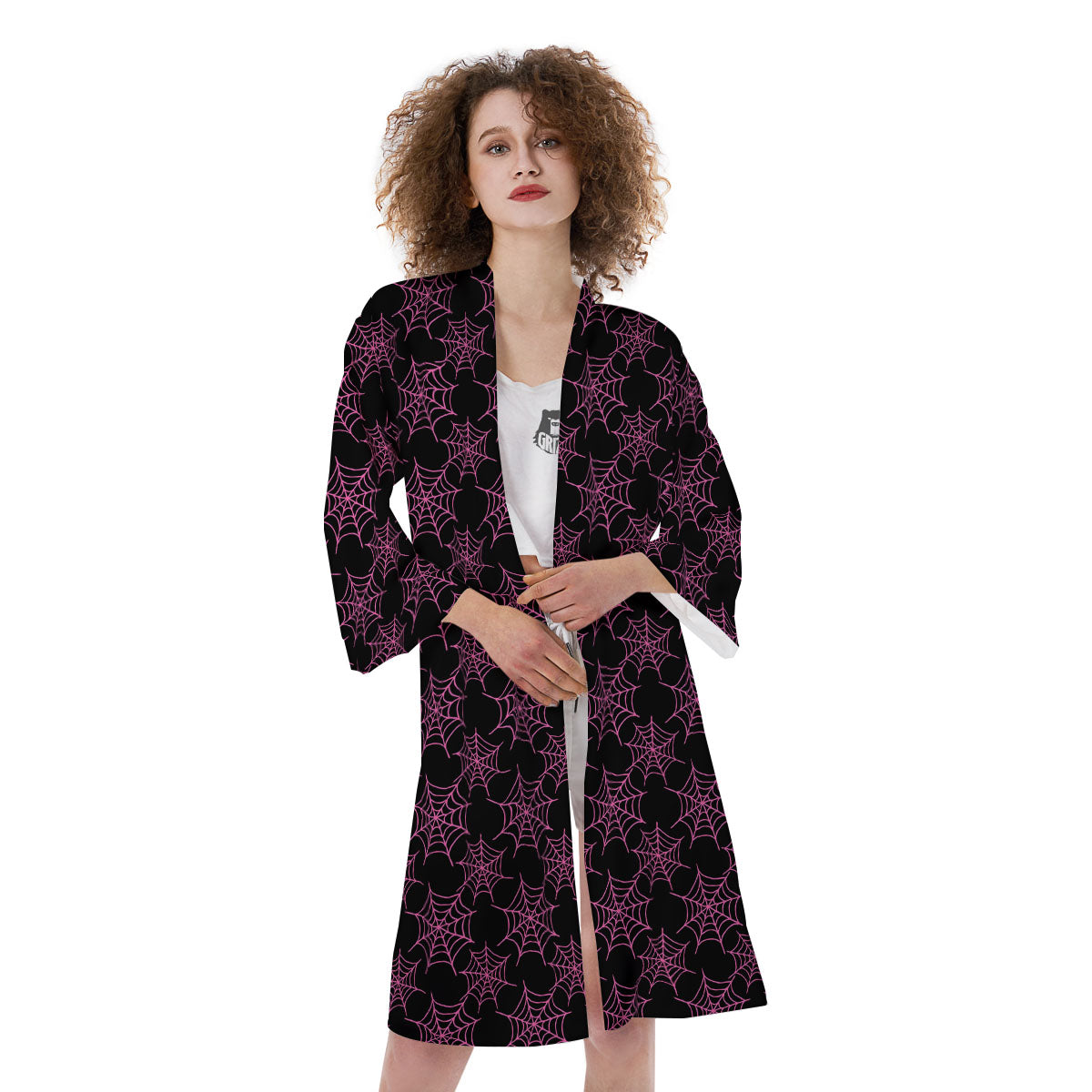 Spider Web Pink And Black Print Pattern Kimono-grizzshop