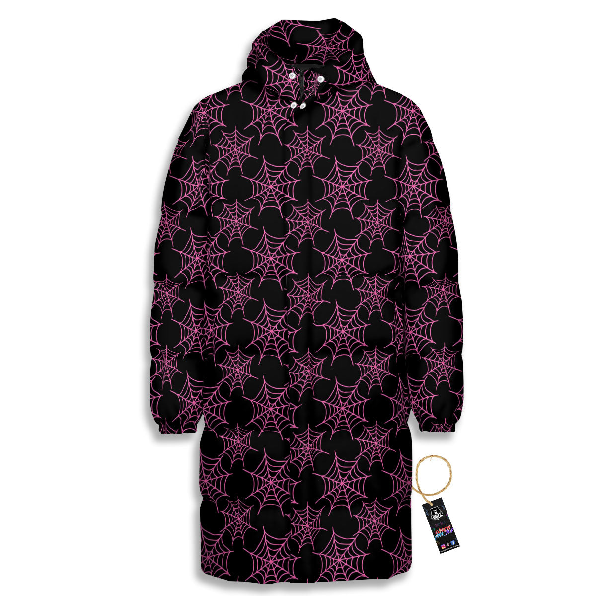 Spider Web Pink And Black Print Pattern Long Down Jacket-grizzshop